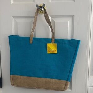 Delight Teal Canvas Tote with Tan Trim and Handles